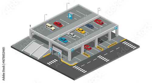 Multi-level parking garage with cars in isometric design
