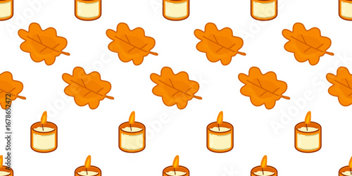 Seamless Autumn Candle Leaf Pattern. Orange autumn leaves and burning candles in cartoon flat style. Seamless cozy seasonal illustration on white background.