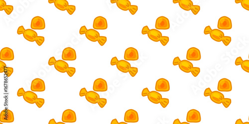 Seamless Cartoon Candy Sweet Pattern. Orange and yellow candies in cartoon flat style. Seamless festive sweet illustration on white background.