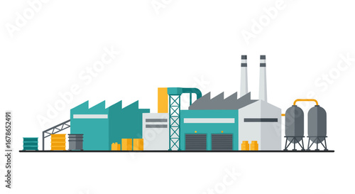 Modern flat style industrial factory with warehouses and silos