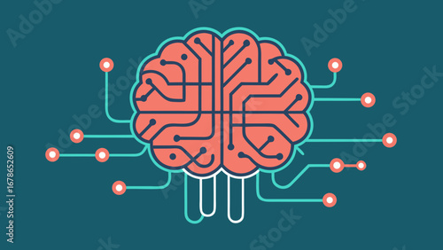 Futuristic AI brain with neural connections in minimal retrofuturistic style on teal background