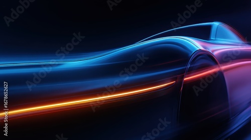 Sleek sports car racing across dark landscape, generating luminous blue orange light trails, symbolizing high speed technological innovation and dynamic automotive design