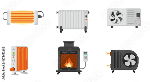 Home heating solutions: modern and traditional devices in flat design