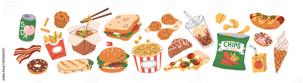 Fototapeta Fast junk food set. Burger, French fries, pizza, hot-dog, soda drink, popcorn, donut and muffin, ice-cream, shawarma, hamburger and quick snacks. Flat vector illustration isolated on white background