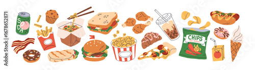Fast junk food set. Burger, French fries, pizza, hot-dog, soda drink, popcorn, donut and muffin, ice-cream, shawarma, hamburger and quick snacks. Flat vector illustration isolated on white background