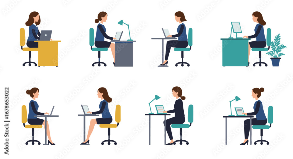 Fototapeta premium Office workers sitting at desks in various poses with laptops and office equipment