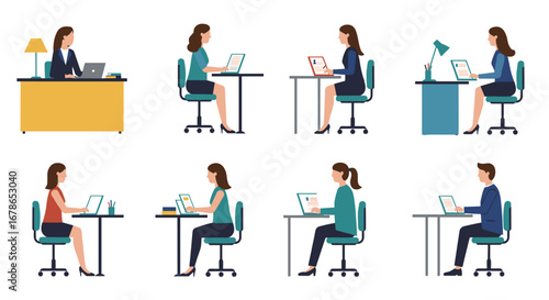 Office workplace diversity: people working at desks in modern flat design