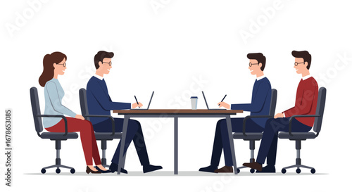 Business meeting of professionals working on laptops in a modern office room