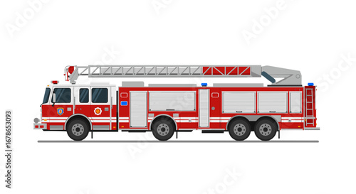 Detailed fire truck with ladder on white background