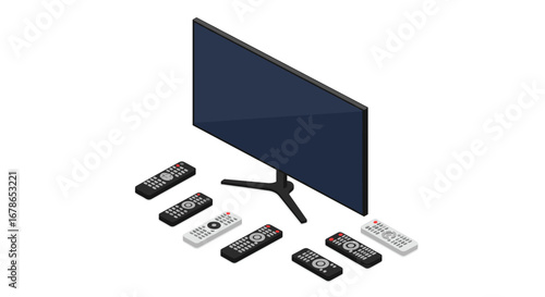 Isometric television with diverse remote controls on white background
