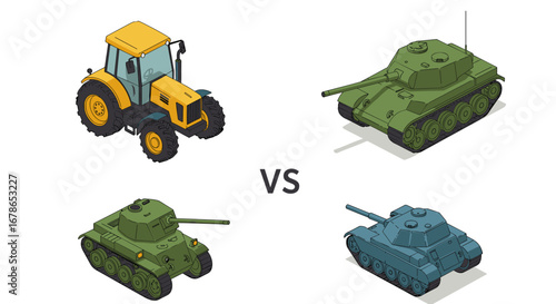 Isometric tractor versus tanks concept with military and agricultural vehicles