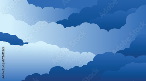 Abstract layered cloud pattern in soft gradient blues with grainy highlights. Minimal, papercut-inspired sky design creating a dreamy and calming atmosphere.