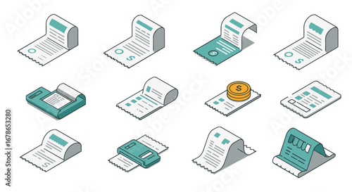 Isometric receipt icon set featuring payment and financial themes