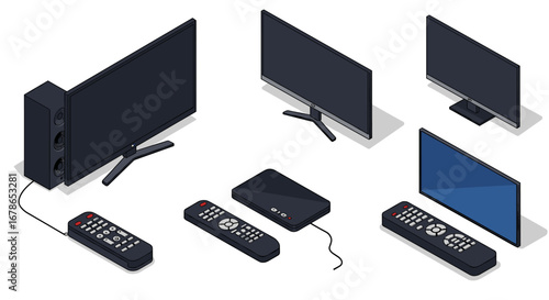 Modern isometric electronics set with tvs, remotes, and speakers