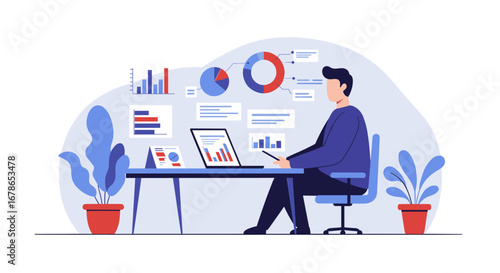 Business analytics professional in modern office analyzing data trends with charts