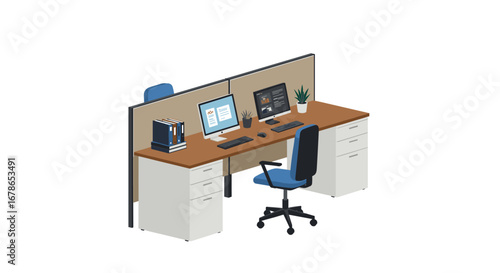Isometric office workspace with dual desks and computers