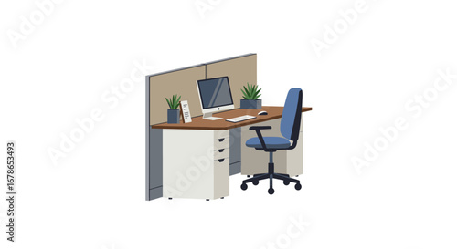 Isometric office desk setup with computer and chair