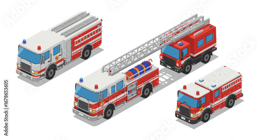 Collection of isometric fire trucks with ladders and hoses in red and white design