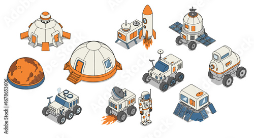 Futuristic space exploration vehicles and structures in isometric style