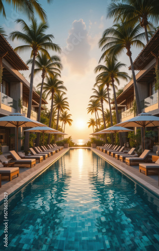 Stunning tropical resort with a long reflective swimming pool at golden hour, framed by majestic palm trees and elegant villas