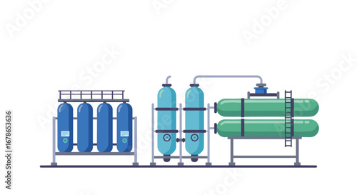 Industrial water filtration system with blue and green tanks