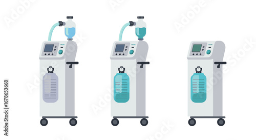 Medical oxygen machines set in modern flat design with clear details