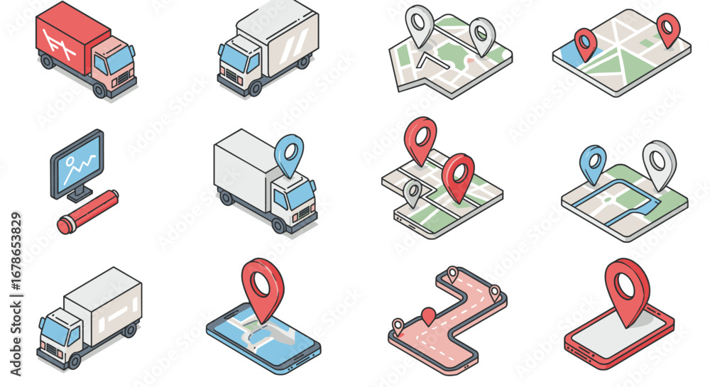 Isometric icons of delivery trucks and location maps for shipping and navigation Isometric icons of delivery trucks and location maps for shipping and navigation