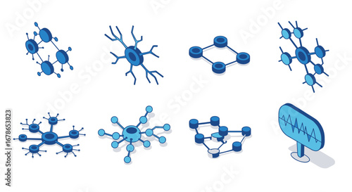 Isometric neural network icons set in blue tones
