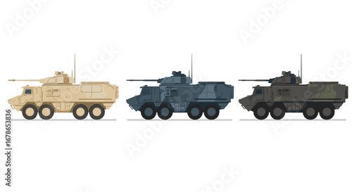 Stylized military armored vehicles in desert, urban, and night camouflage variants