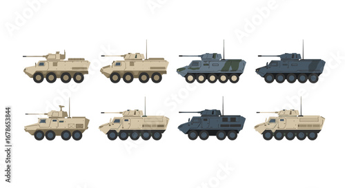 Military armored vehicles side view collection in flat design