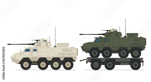 Military armored vehicles on transport trailer in flat style