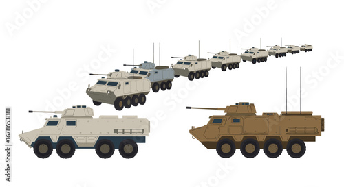 Armored convoy: military vehicles in isometric view for defense design projects