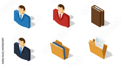 Isometric icons of business professionals and office folders