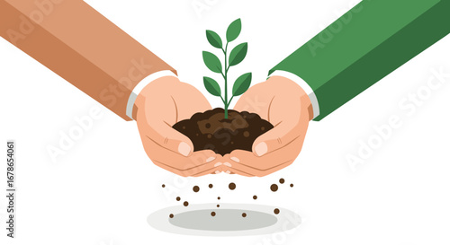 Collaborative growth: two hands nurturing a growing plant with soil