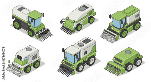 Isometric farm machinery collection: cartoon harvesting vehicles in green and white