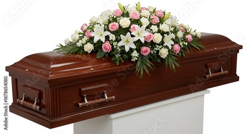 Floral tribute on wooden casket