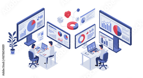 Isometric teamwork scene with data analysis and business charts in modern office