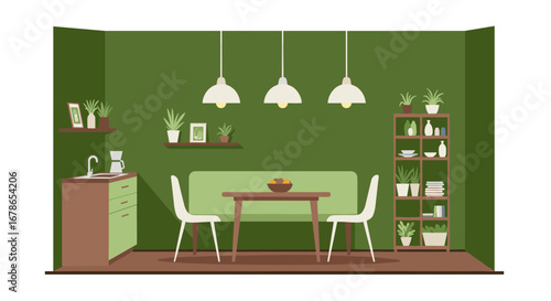 Cozy green dining room with modern decor and indoor plants