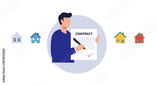 Real estate contract signing with cartoon style houses