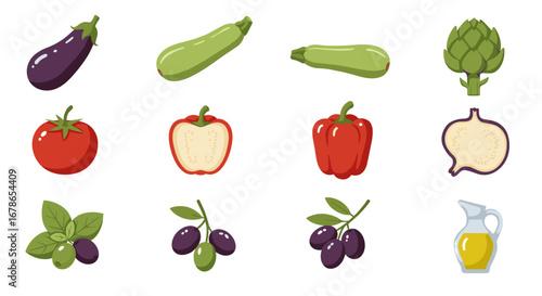 Fresh vegetables and fruits collection in flat style with olive oil jug