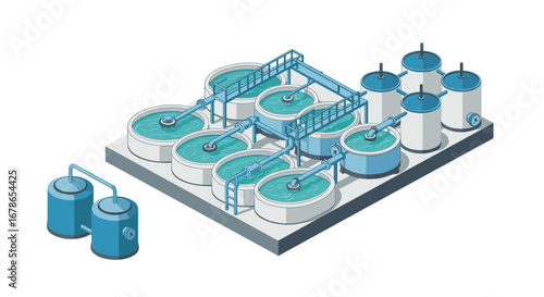 Isometric water treatment plant with industrial tanks and pipelines