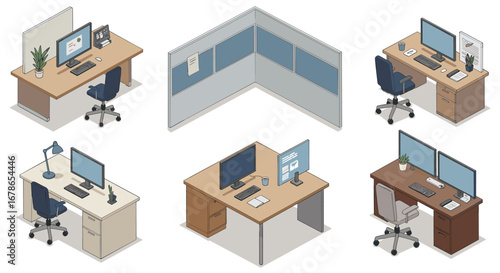 Modern isometric office desks with computers and accessories for workspace design
