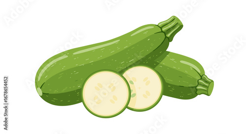 Fresh green zucchinis and slices on white background