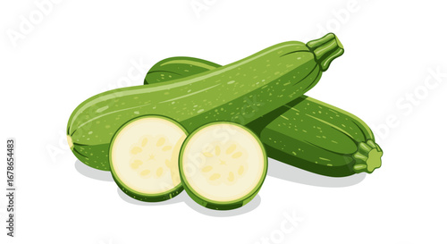 Fresh green zucchini with slices isolated on white background