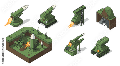 Isometric military missile launch systems collection with rockets and platforms