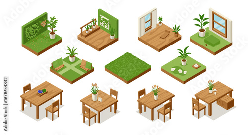 Isometric indoor garden and wooden furniture arrangements for home design