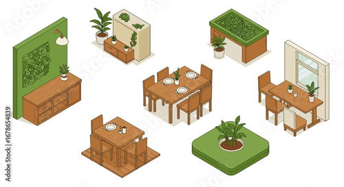 Modern isometric dining sets and greenery for interior design