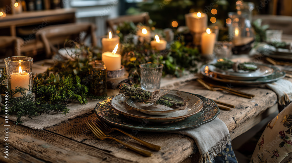 Fototapeta premium Rustic Christmas Dinner Table with Candlelight and Greenery