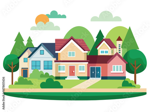 Charming suburban neighborhood with diverse homes and lush greenery on a sunny day