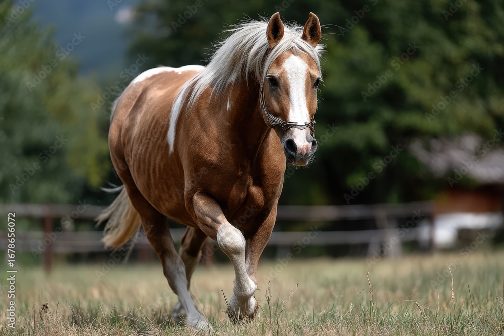 Obraz premium A brown horse with a white face spot is running in a field